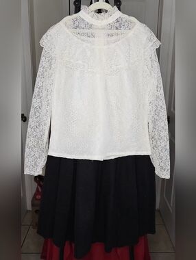 Vtg Anne Klein II Wool Skirt USA ILGWU + Stitches Victorian Lace Prairie Blouse